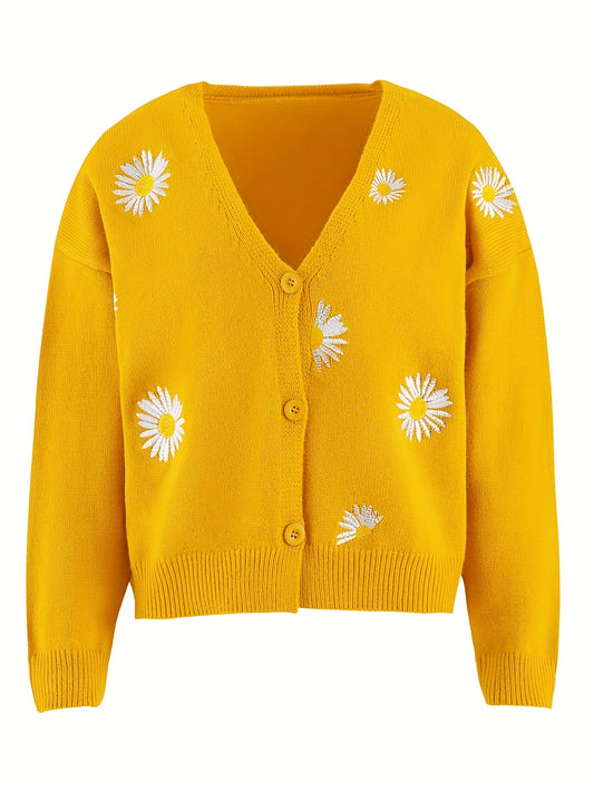 Daisy Pattern Embroidered Knitted Cardigan, Button Front Elegant Long Sleeve Sweater