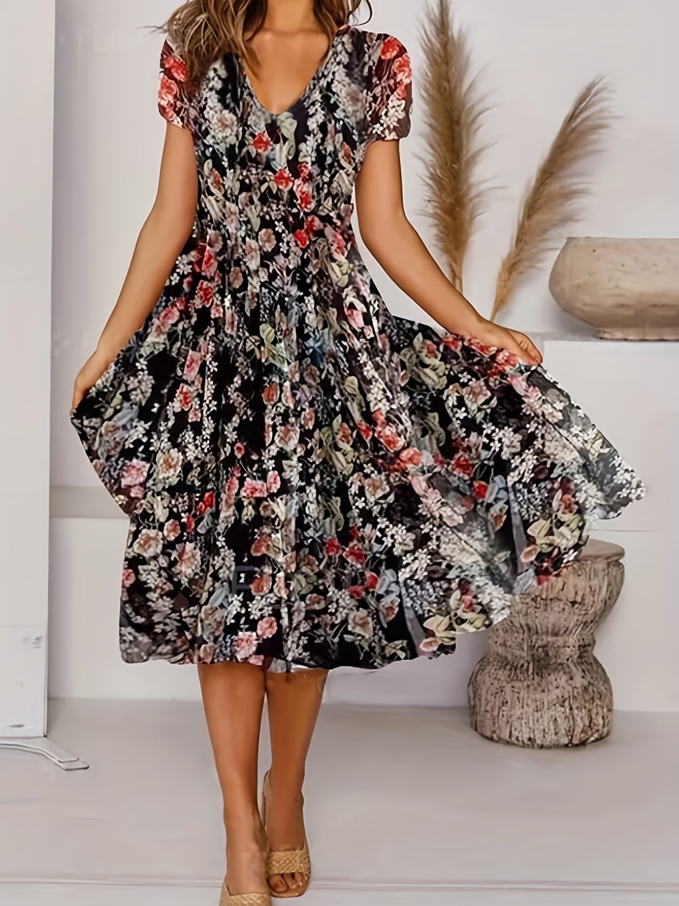 Floral Print Pleated Dress, Vintage Elegant V Neck Short Sleeve Dress