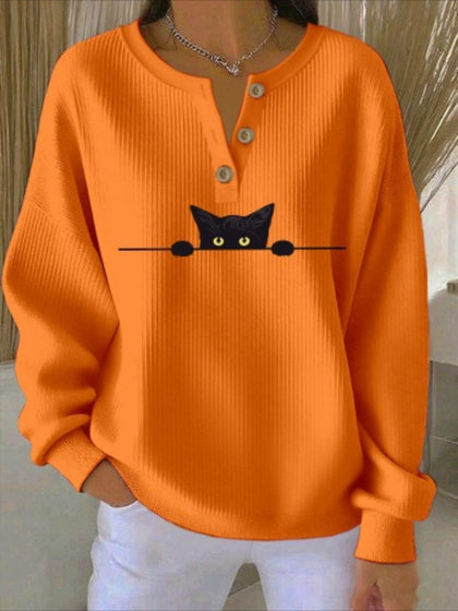Casual Cat Crew Neck Long Sleeve Sweatshirt