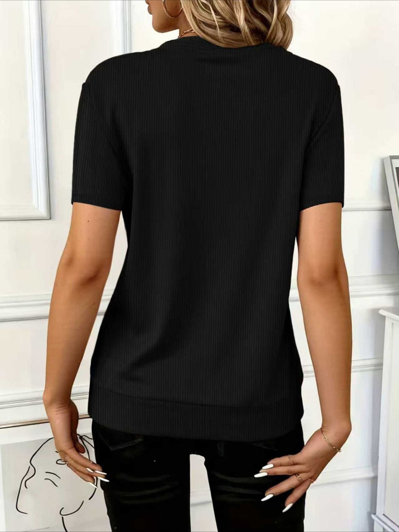 Waffle Texture Zipper Short Sleeve Round Neck T-Shirt