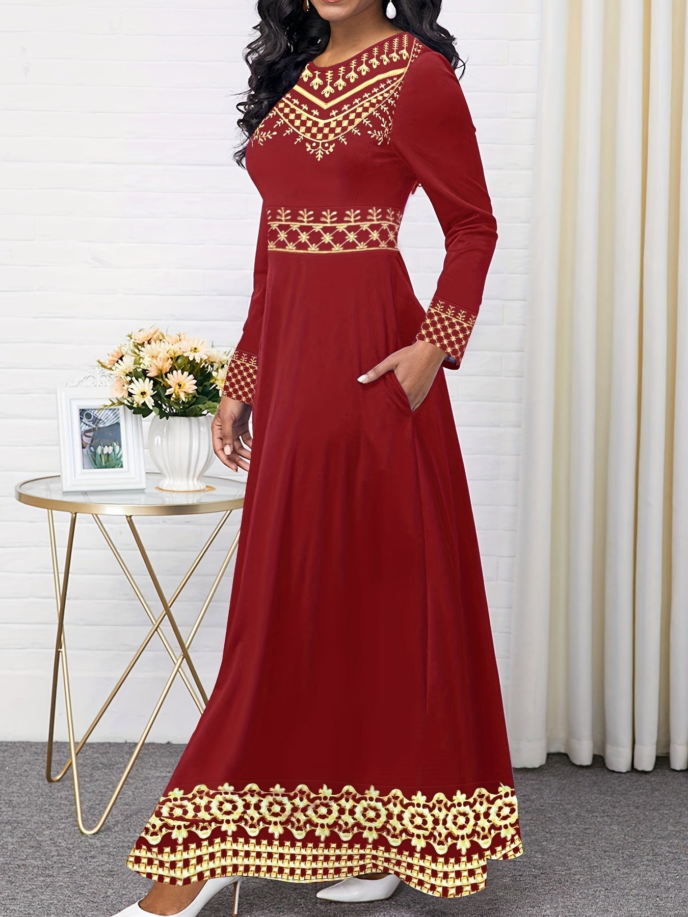 Vintage Print Long Sleeve Elegant Dress, Crew Neck Long Sleeve Dress