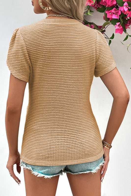 Camel V Neck Petal Sleeve Waffle Knit T-Shirt