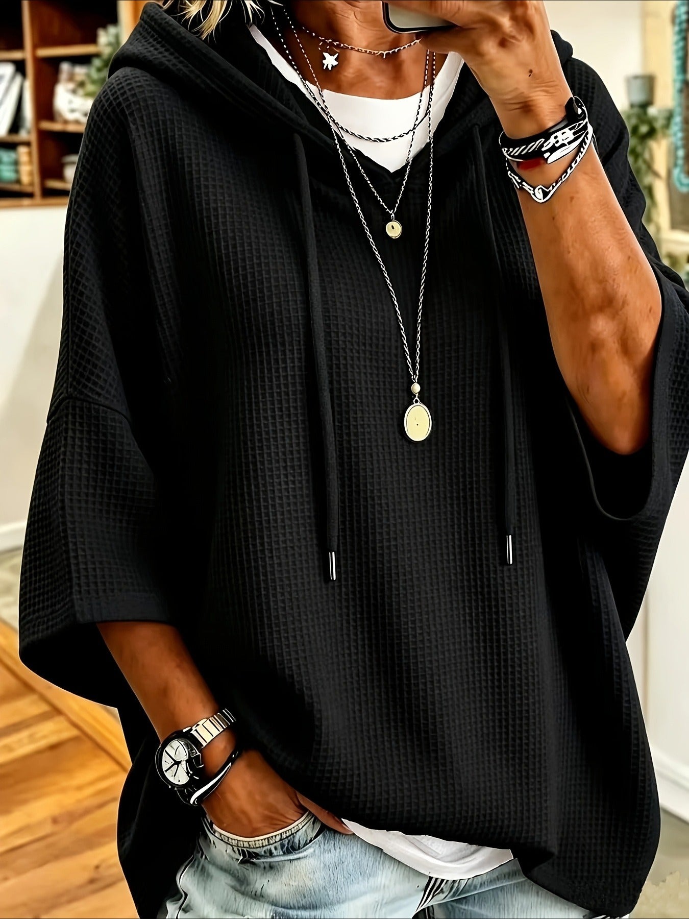 Elegant Casual Solid Color Loose Fit Hooded Fashion Waffle Sweatshirt