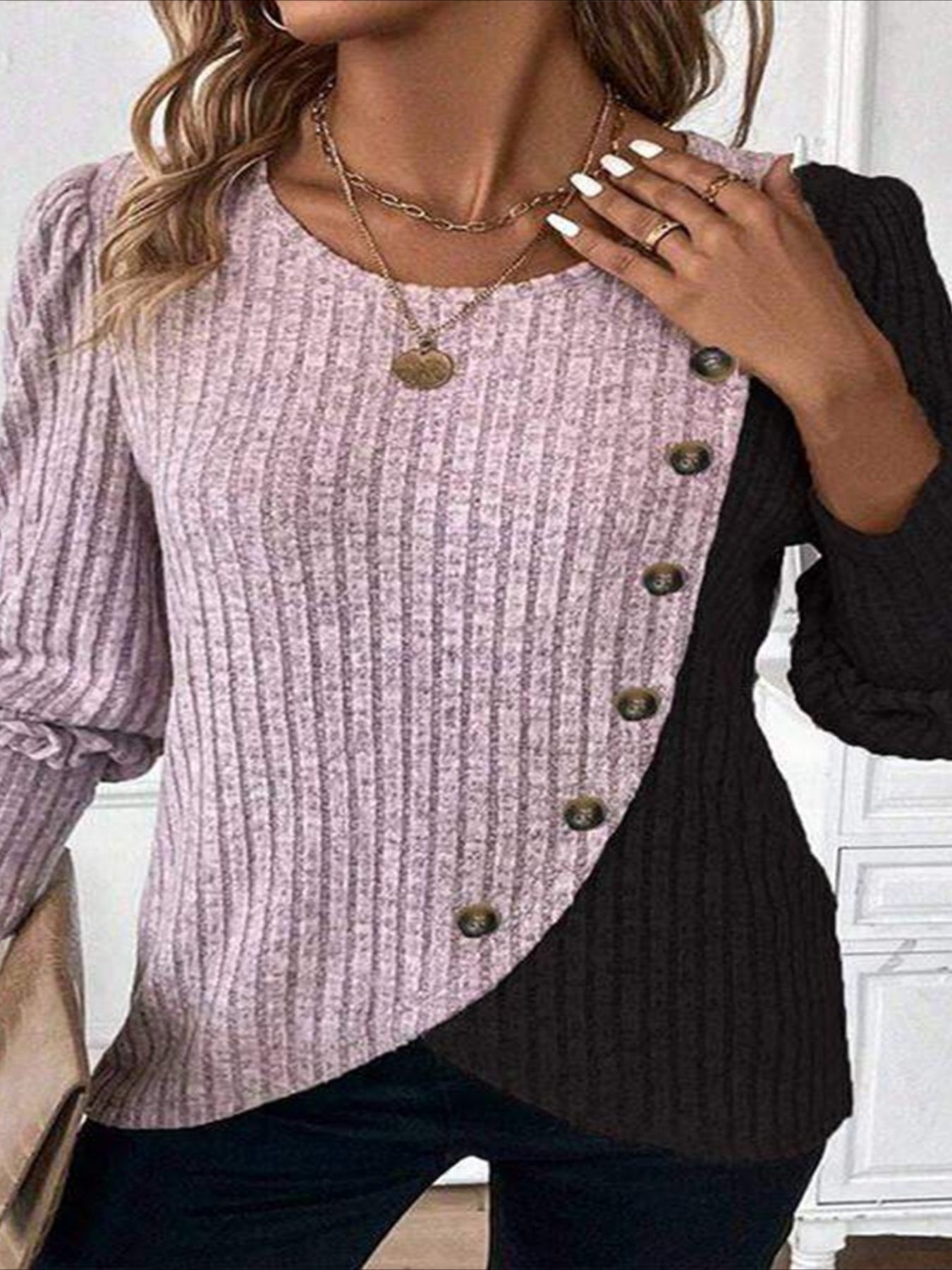 Ribbed Crew Neck T-shirt, Elegant Long Sleeve Buton Decor Top