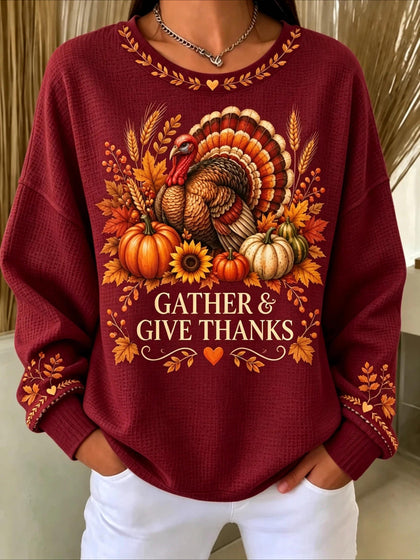 Halloween Printed Crew Neck Waffle Pattern Long Sleeve Sweater Hoodie