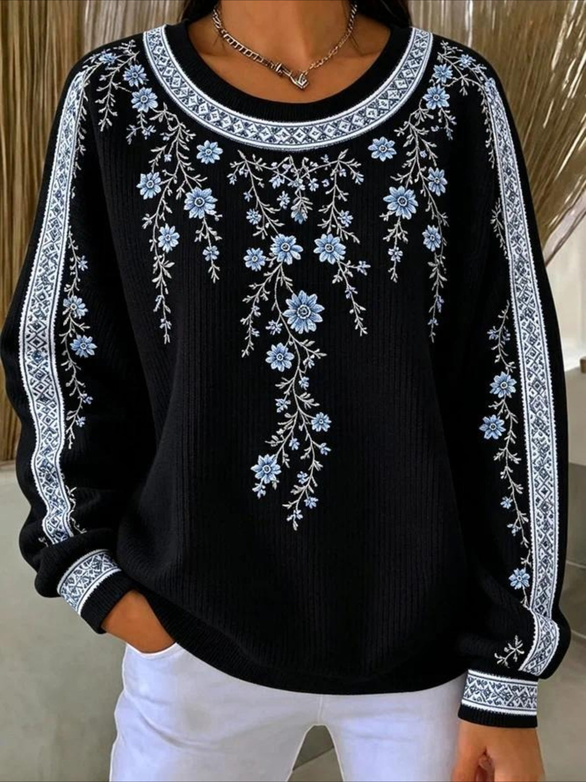 Floral Casual Printing Loose Leaf Crew Neck Regular Fit Sweatshirt