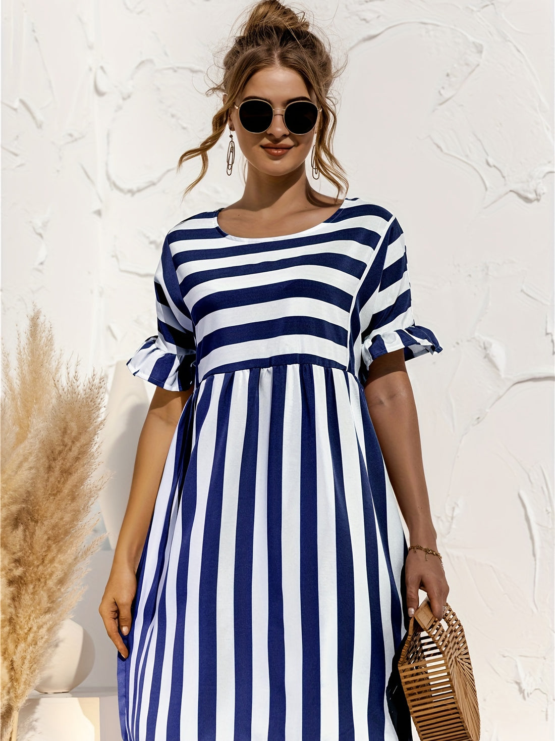 Short Sleeve Beach Dress, Crew Neck Vacation Casual Dress