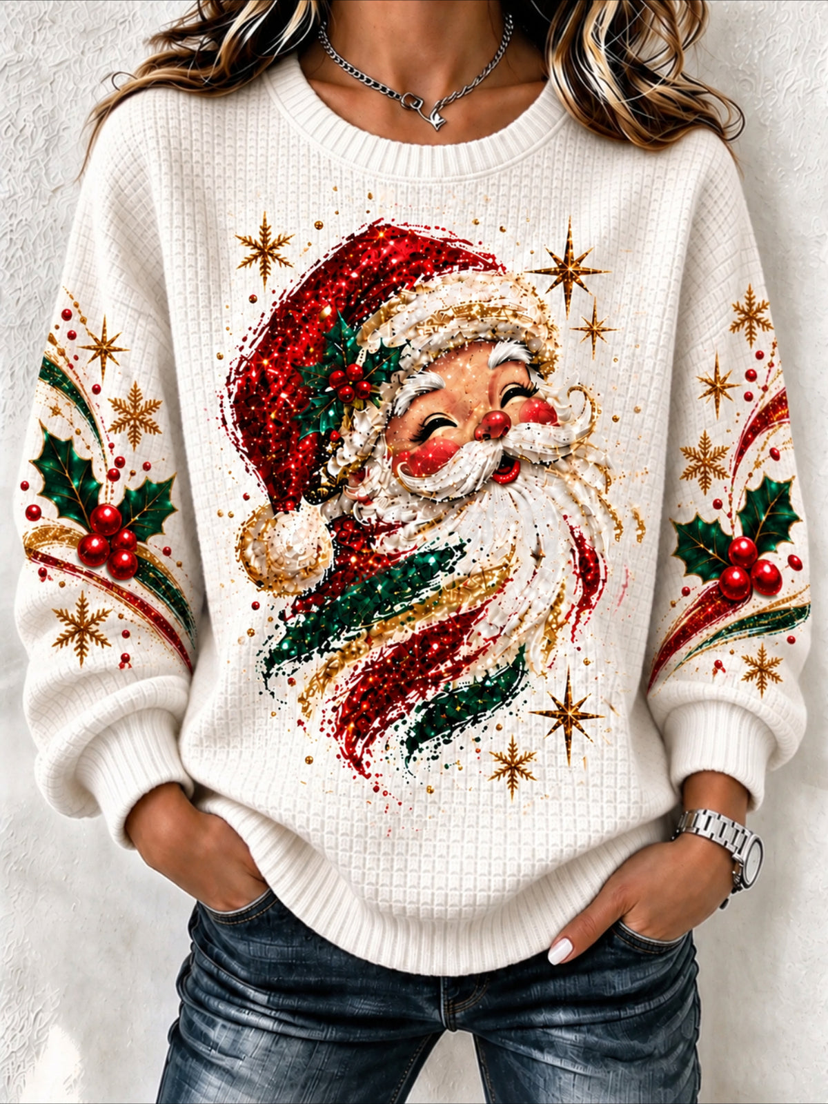 Vintage Santa Claus Print Waffle Knit Christmas Sweatshirt