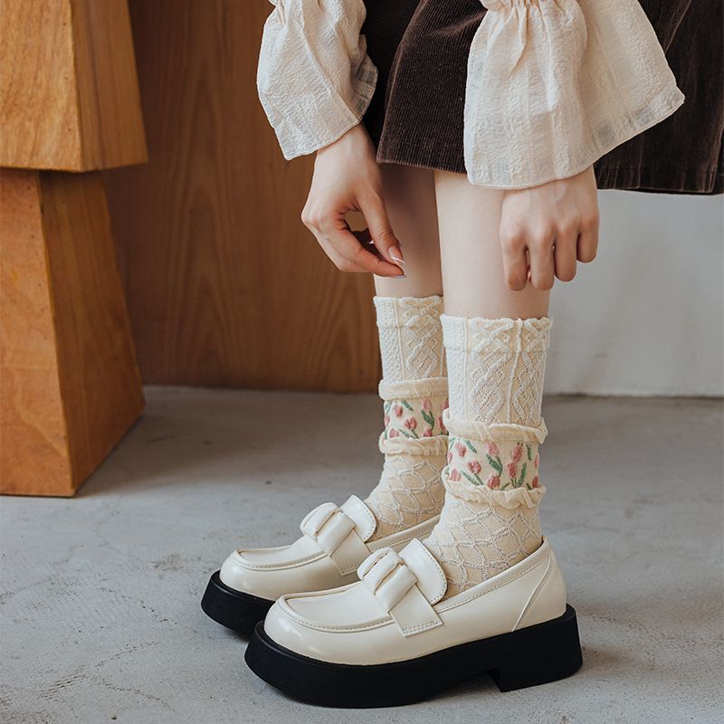4pairs Floral Socks Set, Women Cute Flower Geometric 3D Textured Ankle Cotton Blend Cottagecore Lucky Socks