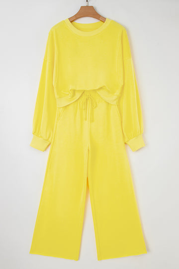 Yellow Cream Drop Shoulder Puff Sleeve Crop Pullover Drawstring Wide Leg Pants Set