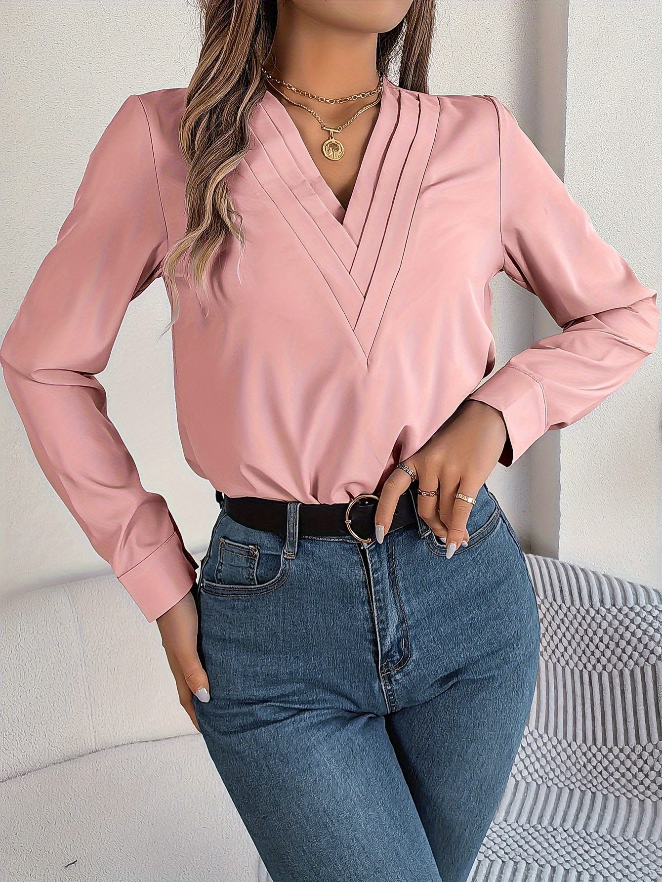 Solid Color V Neck Blouse, Elegant Long Sleeve Blouse