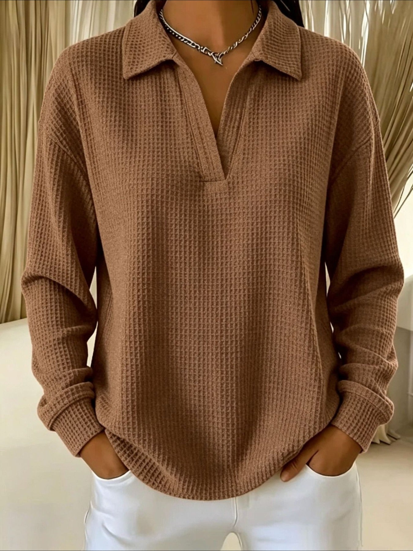 Waffle Lapel Neck Long Sleeve Polo Top