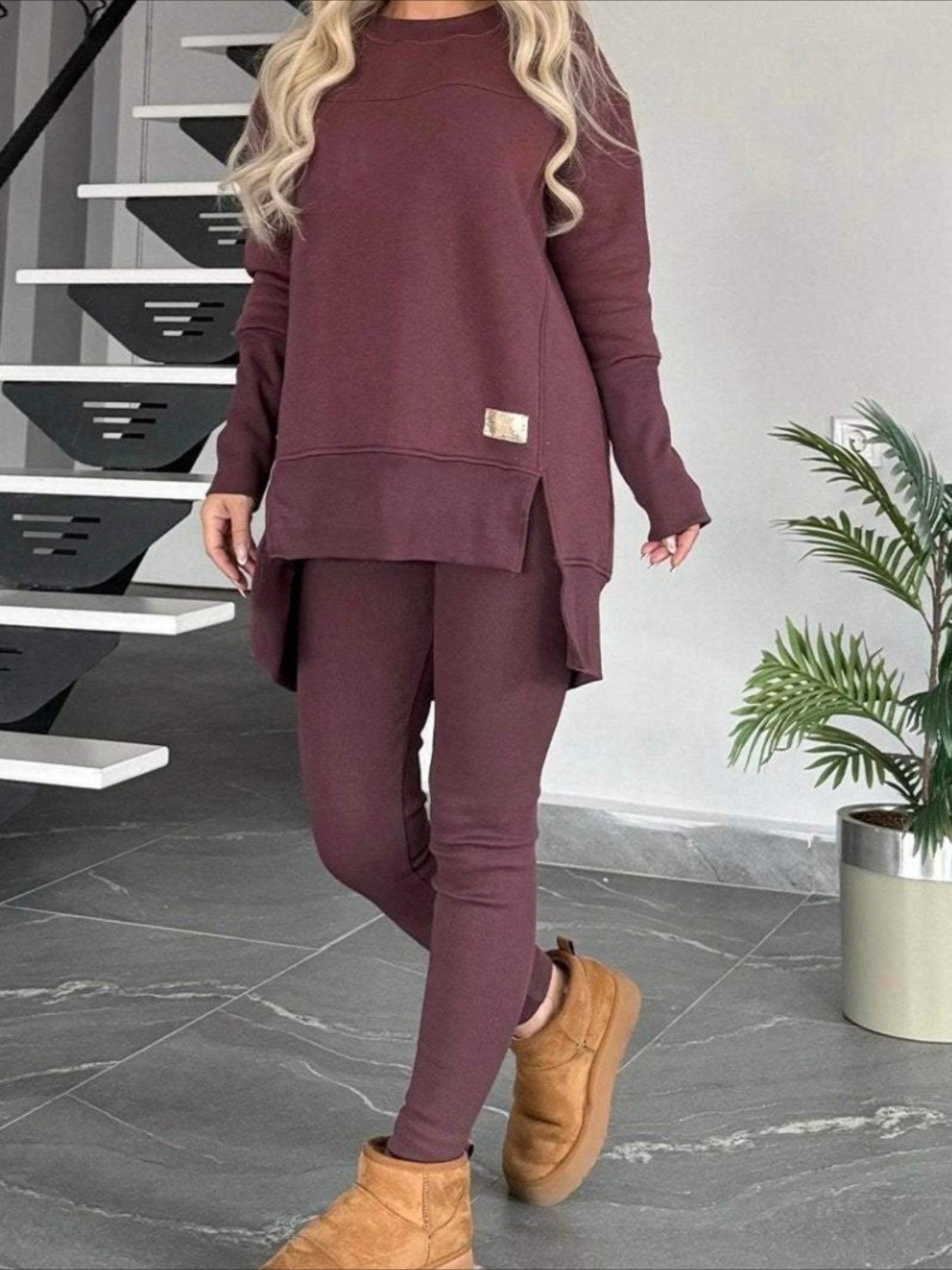 Slit Round Neck Top and Pants Set