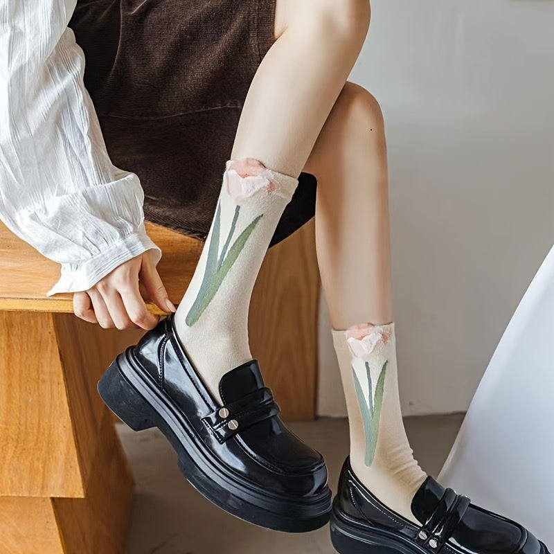 4pairs Floral Socks Set, Women Cute Flower Geometric 3D Textured Ankle Cotton Blend Cottagecore Lucky Socks