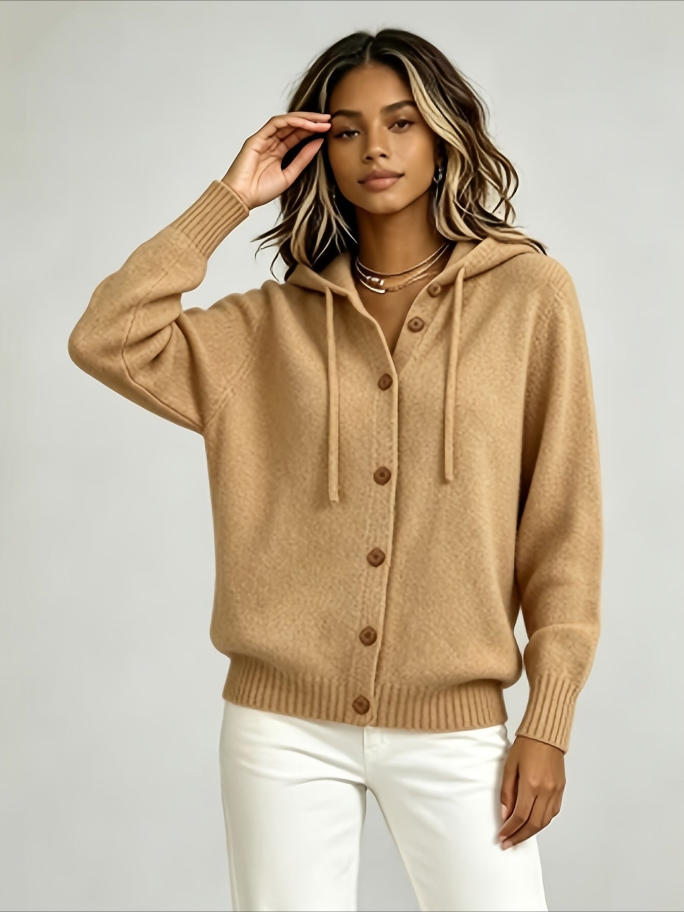 Solid Color Casual Hooded Cardigan Coat with Buttons