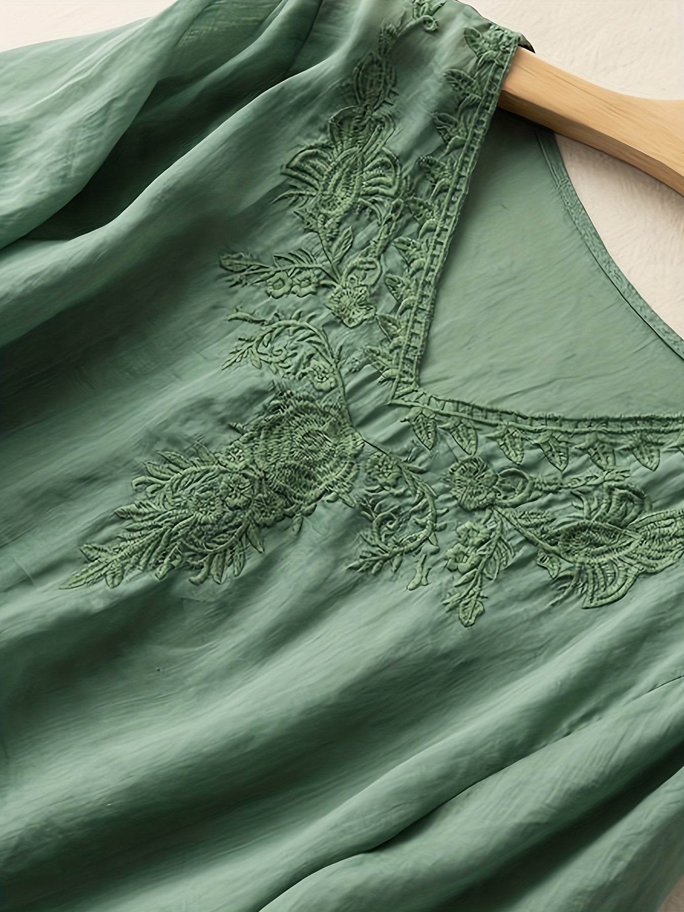 Floral Embroidery V Neck T-shirt, Vintage Half Sleeve Cotton Loose T-shirt