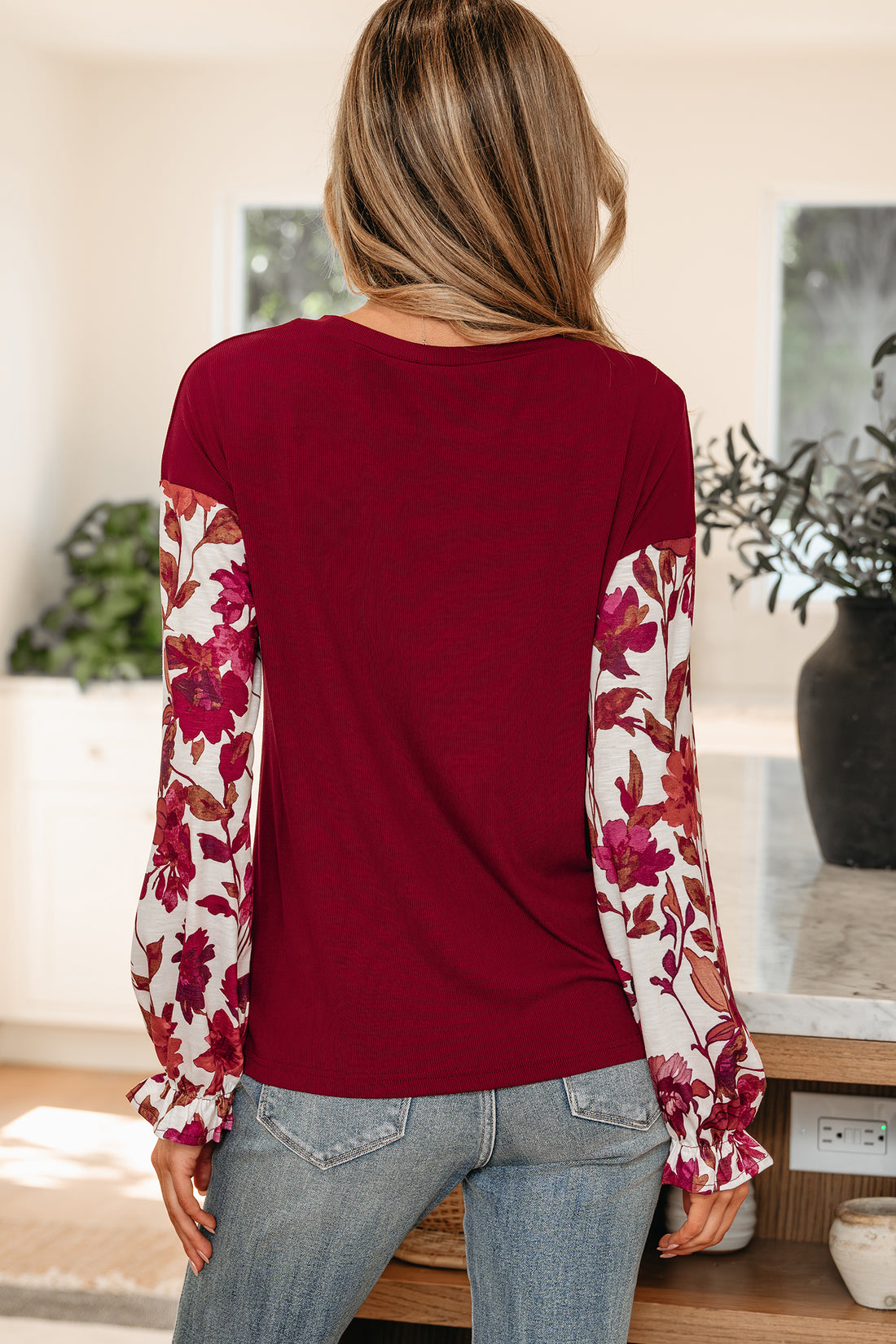 Wild Ginger Contrast Floral Sleeve Solid Ribbed Body Patchwork Long Sleeve Top