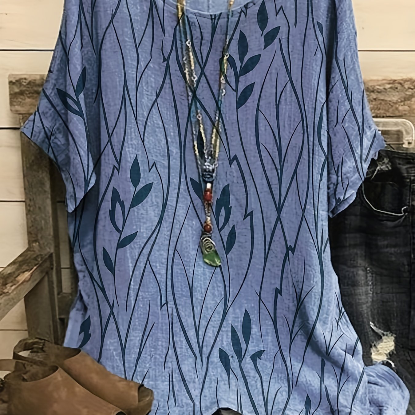 Print Crew Neck Blouses, Casual Loose Half Sleeve Fashion Shirts Tops, Women's Clothing