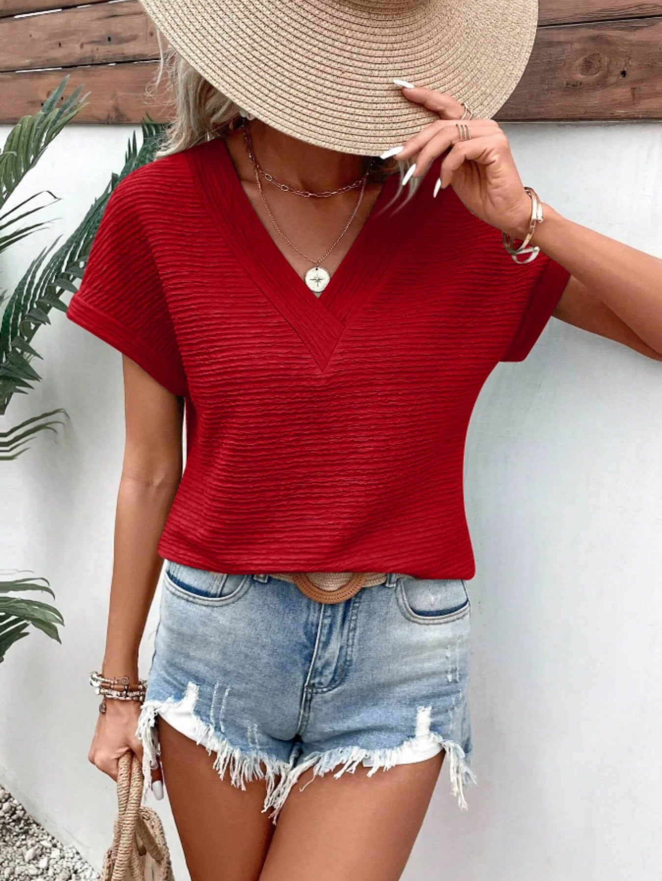 Textured V Neck T-shirt, Casual Short Sleeve Top