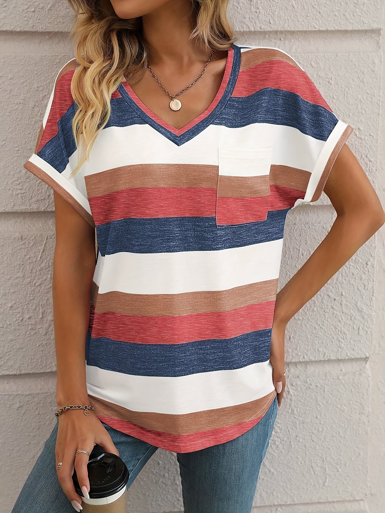 Stripe Print V Neck T-Shirt, Casual Short Sleeve T-Shirt