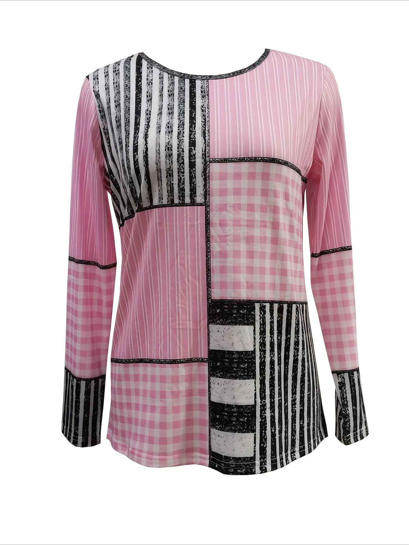 Elegant Color Block Print Crew Neck Long Sleeve T-Shirt