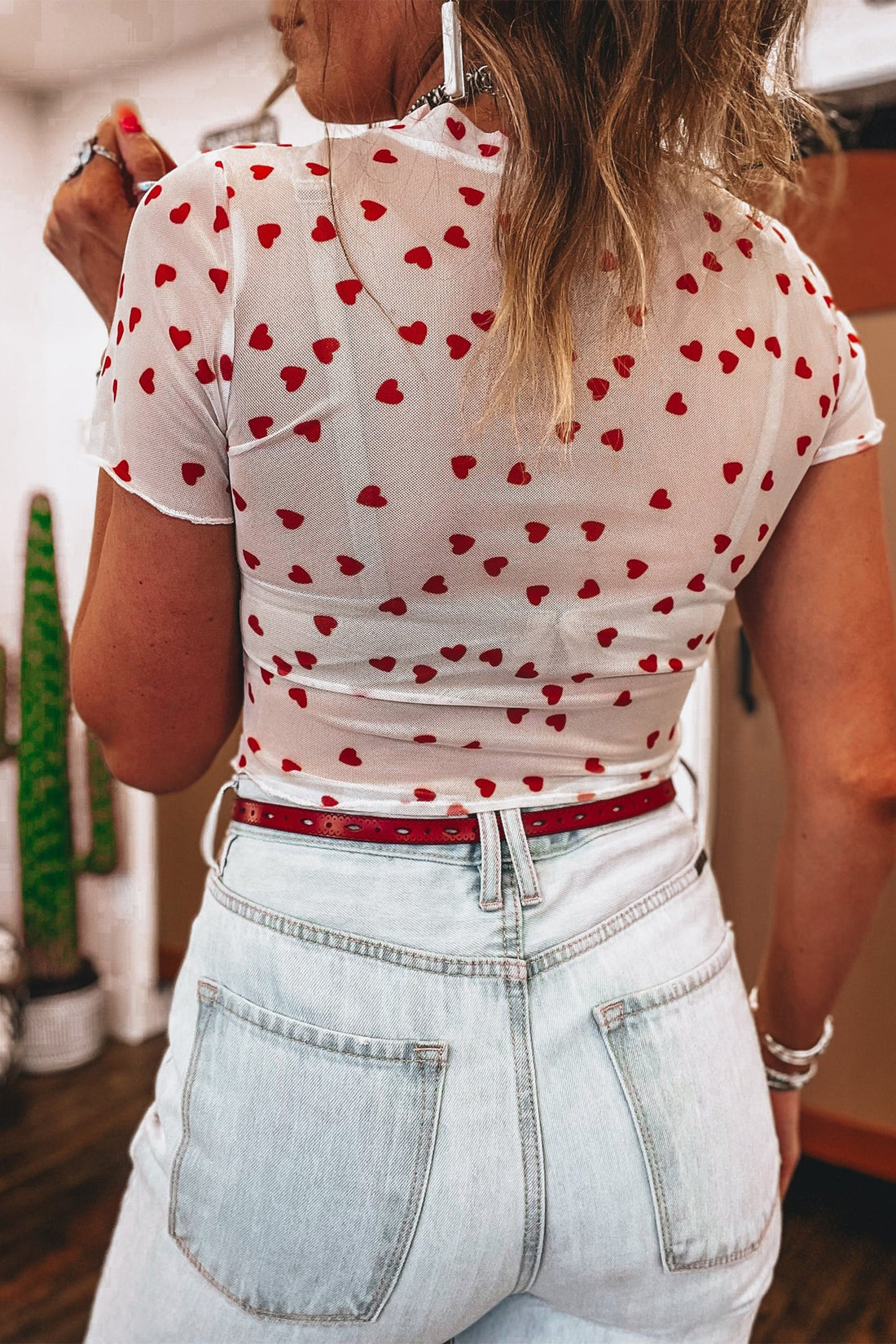 Red Allover Heart Print Mesh Short Sleeve Top