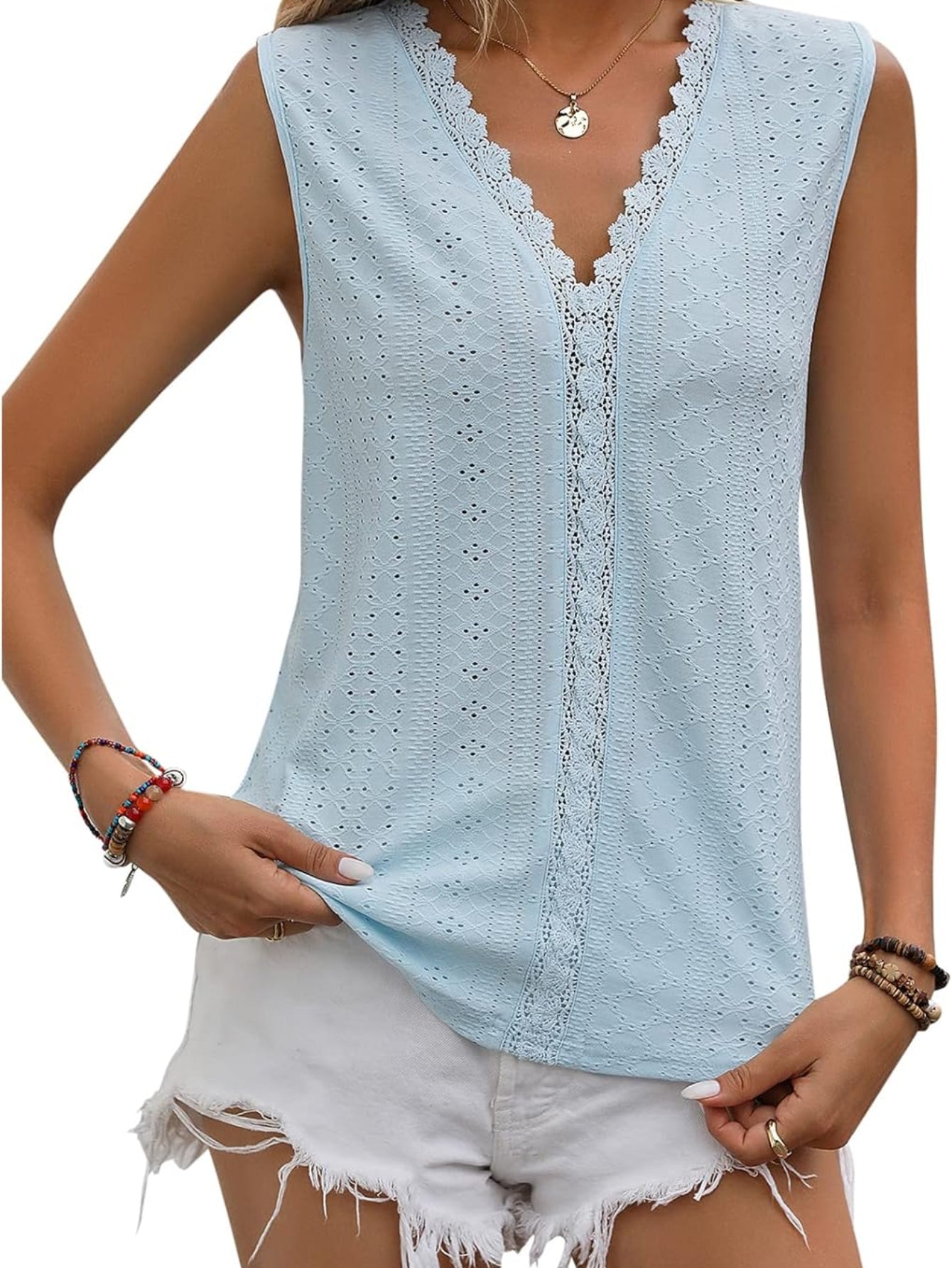 Lace Casual Cute Solid V Neck Tank Tops