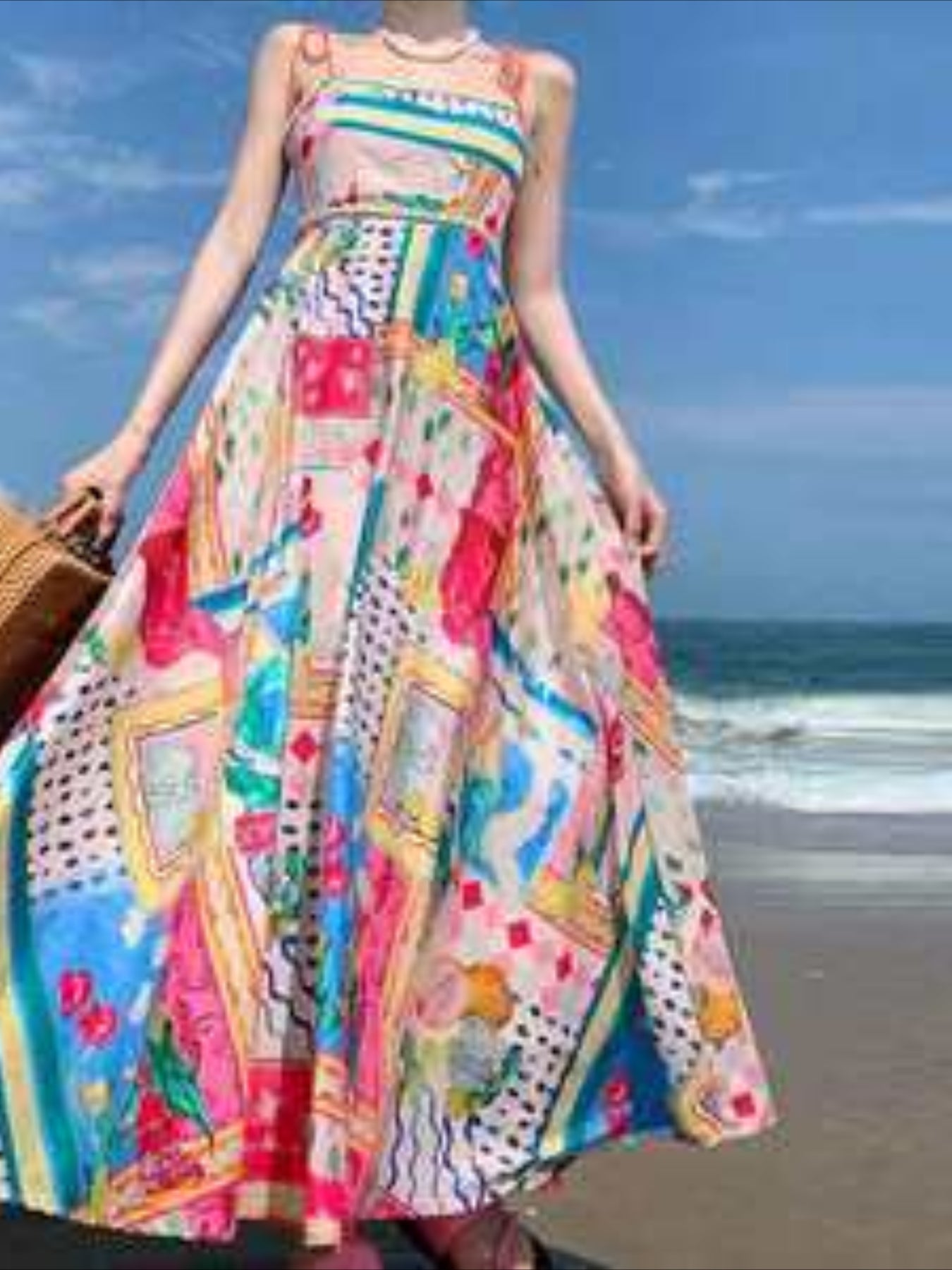 Cartoon Drawstring Print Shirred Cami Dress, Elegant Sleeveless Spaghetti Strap Dress