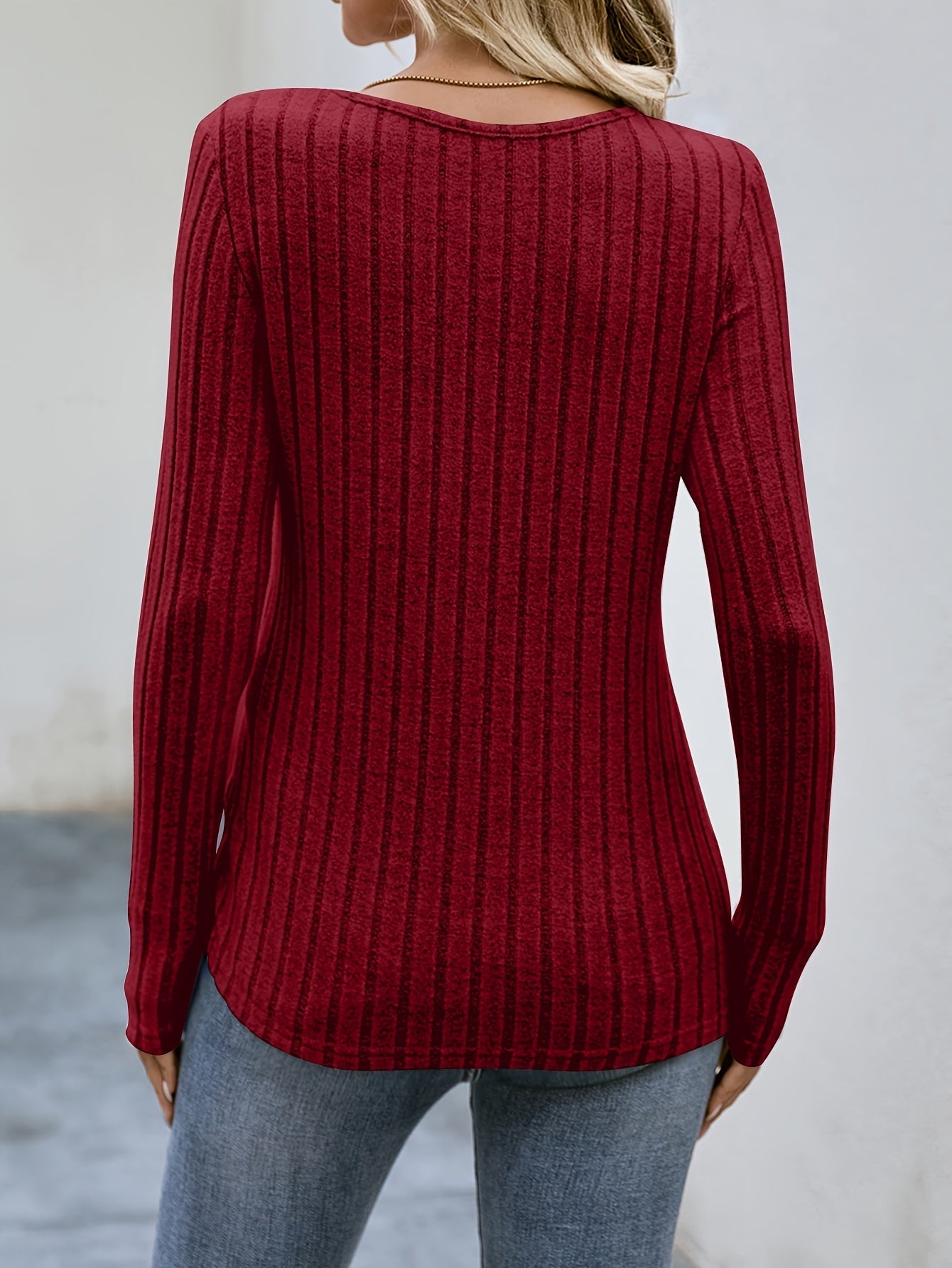 Ribbed Button Decor Crew Neck T-Shirt, Casual Long Sleeve Top