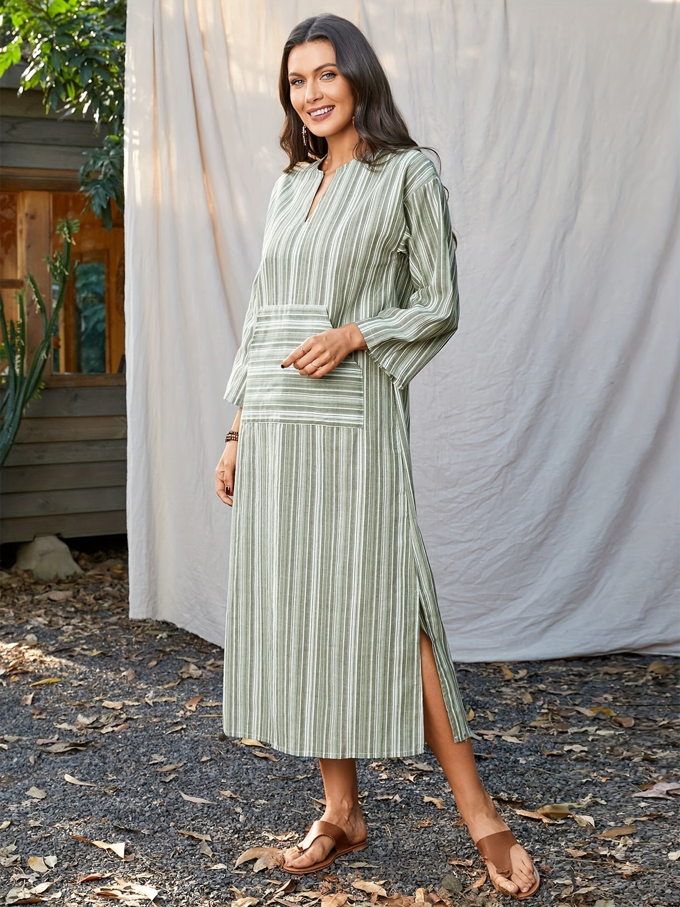 Striped Print Long Sleeve Dress - Relaxed Casual Style with Notch Neck