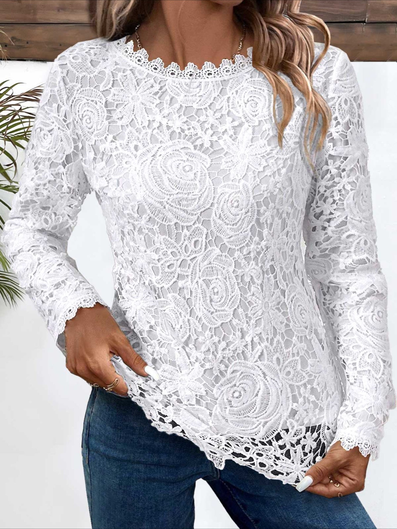Floral Lace Stitching Crew Neck T-Shirt, Casual Long Sleeve