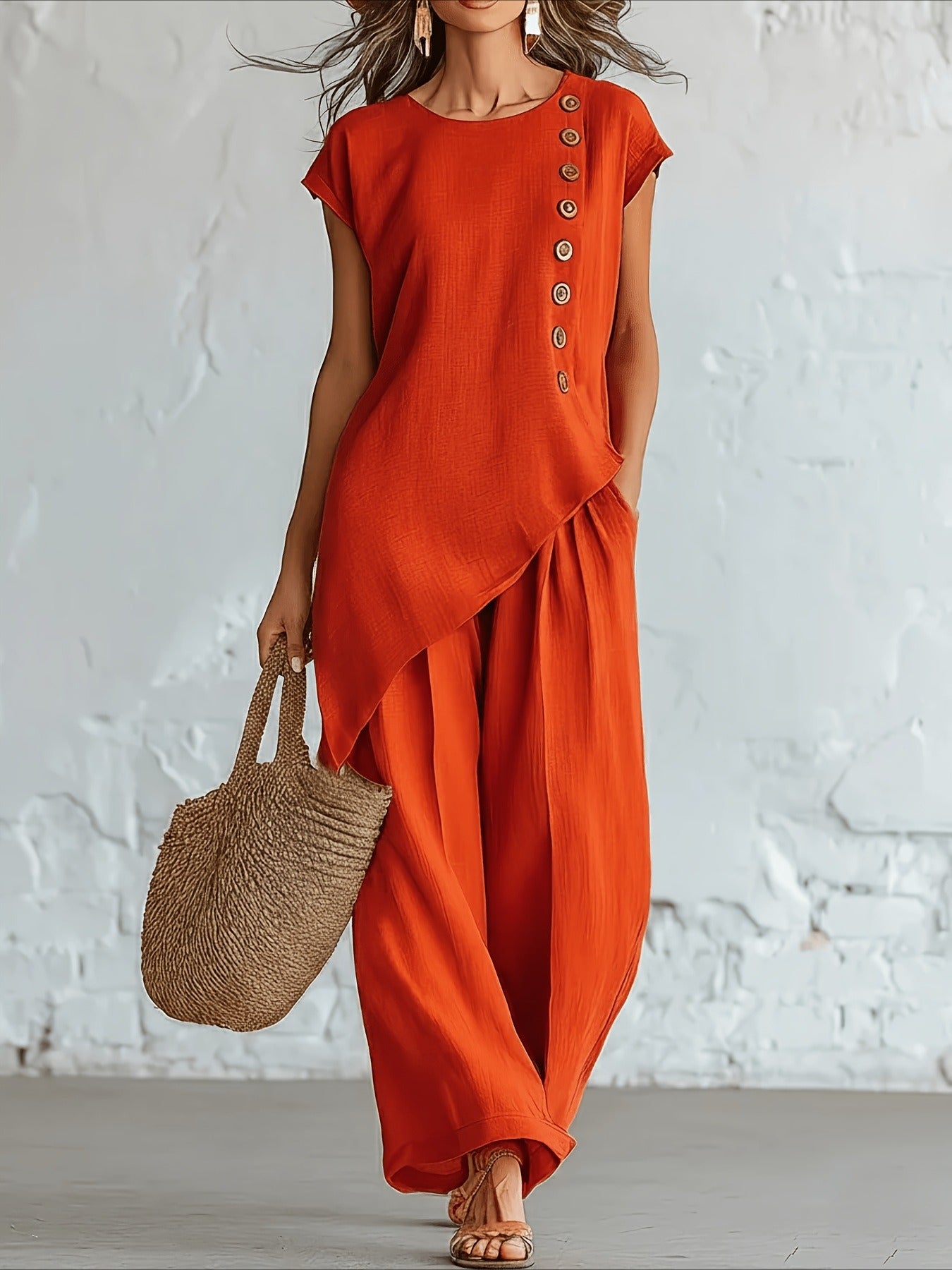 2pcs Set Button Detail Asymmetrical Hem Top & Wide Leg Pants Outfit