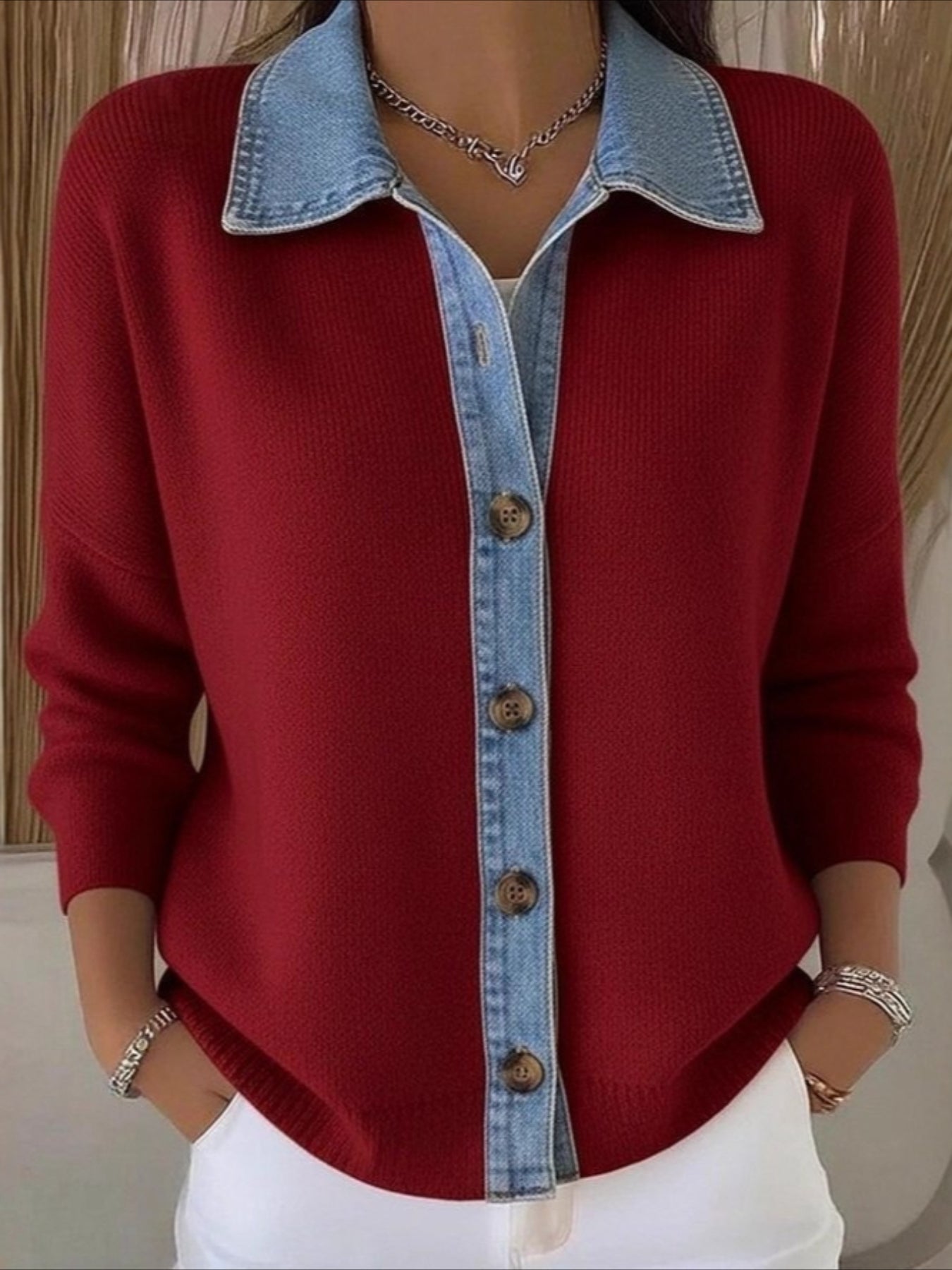 Denim Printing Polo Collar Button-down Knitted Cardigan Sweater