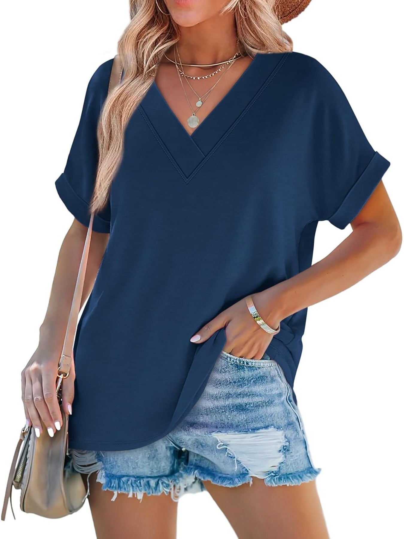 Solid Color V Neck Short Dolman Sleeve Shirts