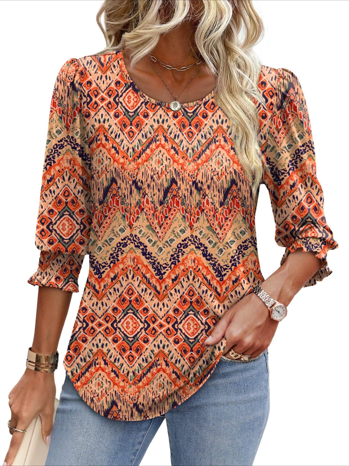 Casual 3/4 Length Sleeve Blouses with Smocked Cuffs