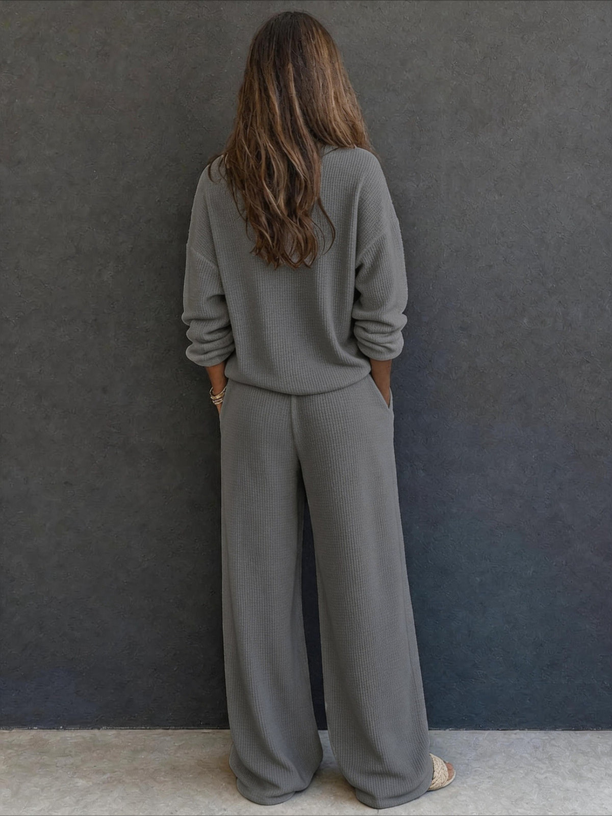 Waffle Knit Button Detail Top and Pants Set