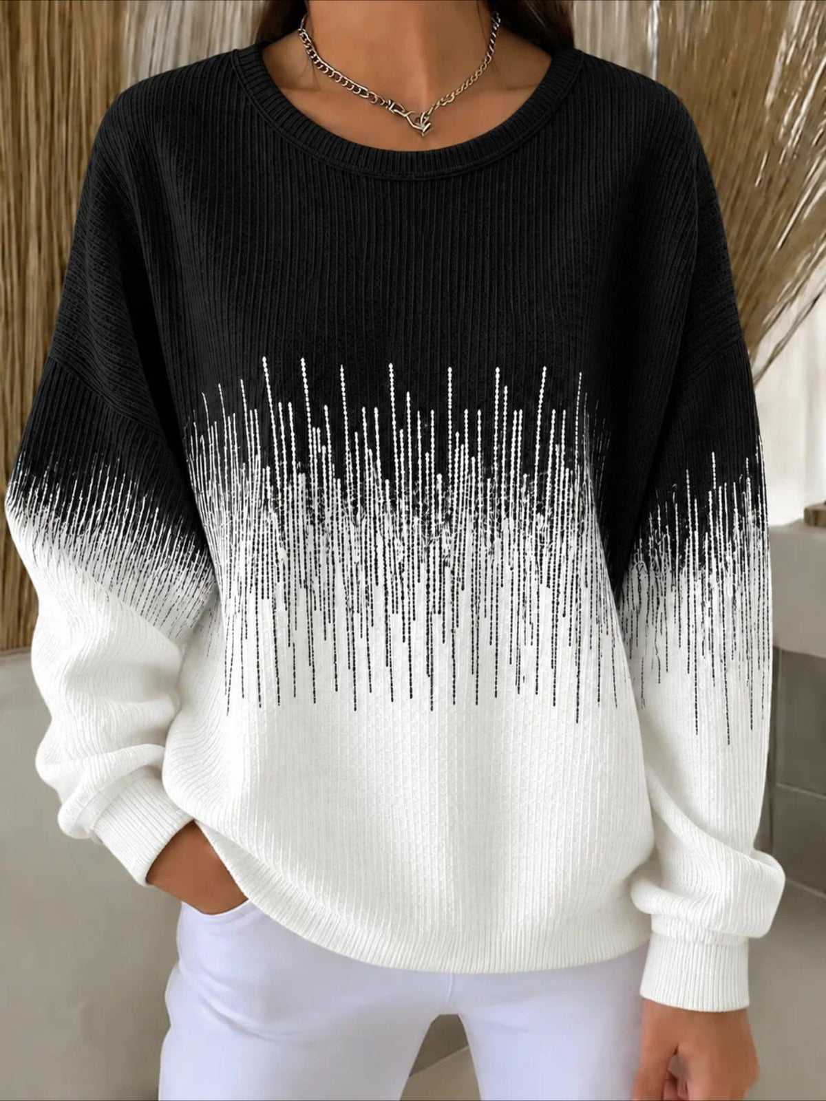 Gradien Casual Printing Loose Leaf Crew Neck Regular Fit Sweatshirt