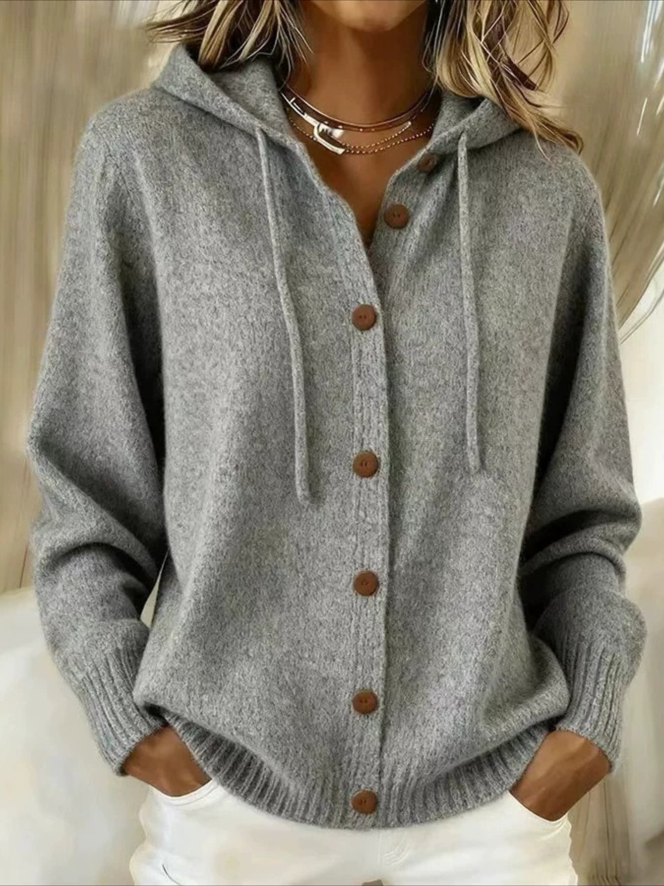 Solid Color Casual Hooded Cardigan Coat with Buttons