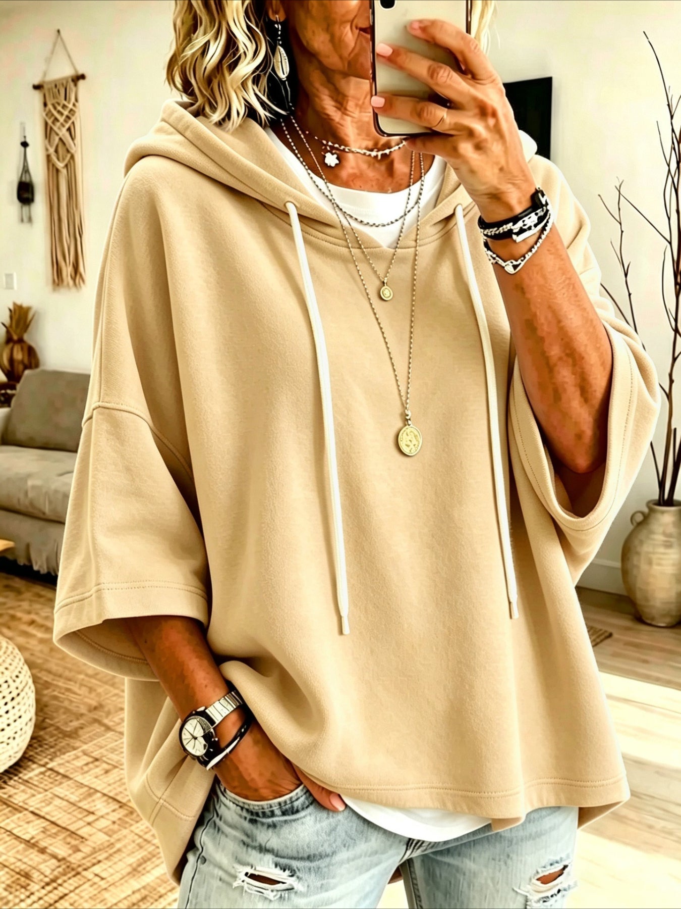 Seven-quarter Sleeves Solid Color Casual Hooded Sweatshirt