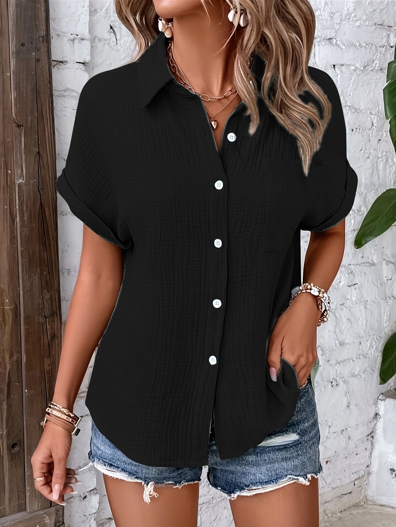 Women's Casual Short Sleeve Button Front Lapel Shirt - Comfortable and Stylish Top for Everyday Wear