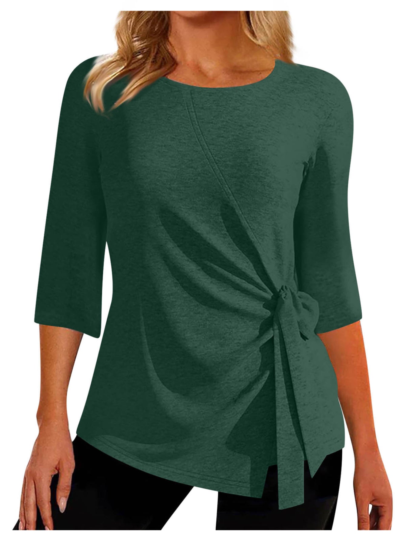 Solid Ruched Tie Front Top, Casual Three-quarter Sleeve Top
