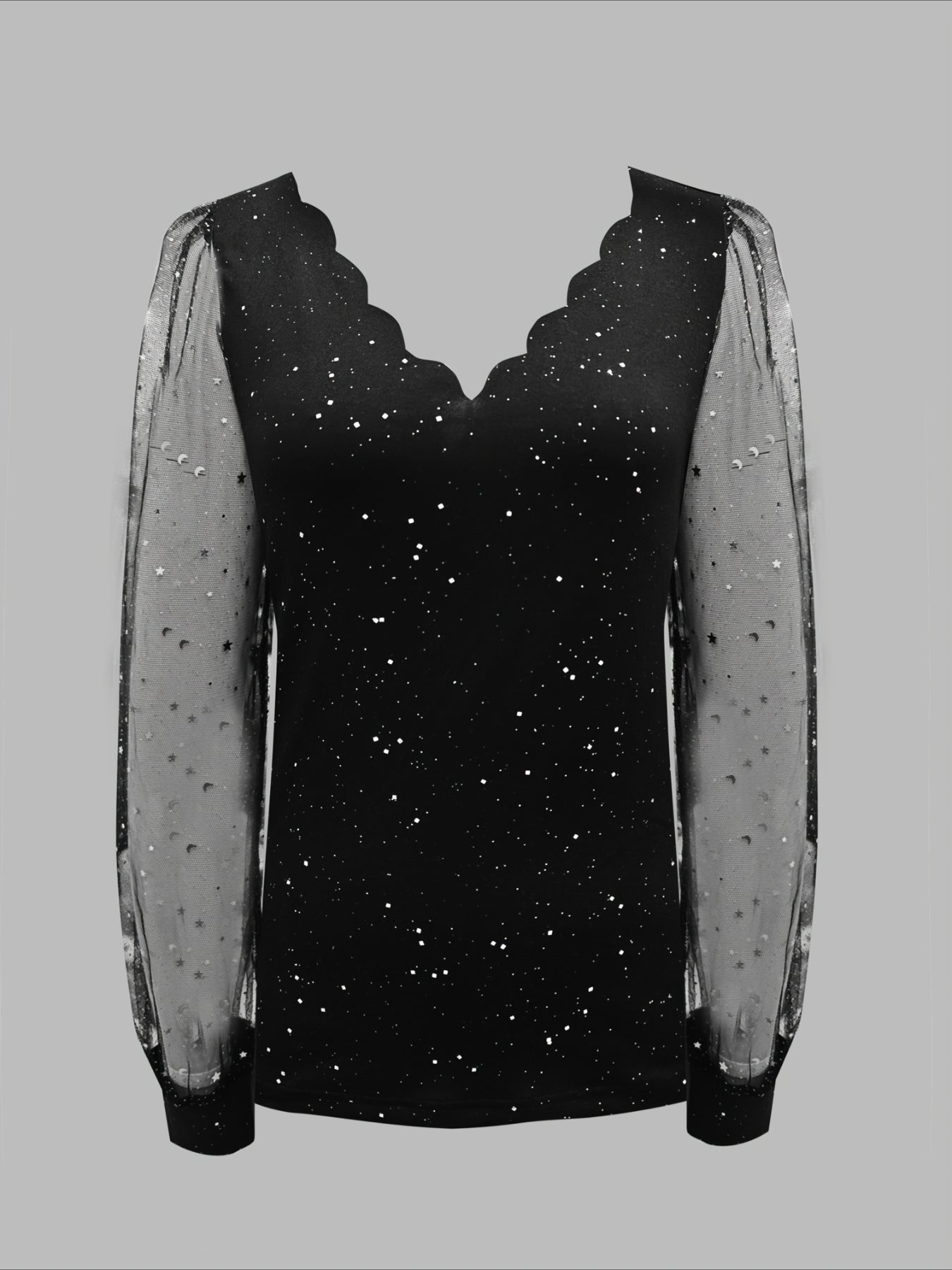 Sexy V-Neck Sequin Mesh Splicing Long Sleeve T-Shirt Casual Party Top