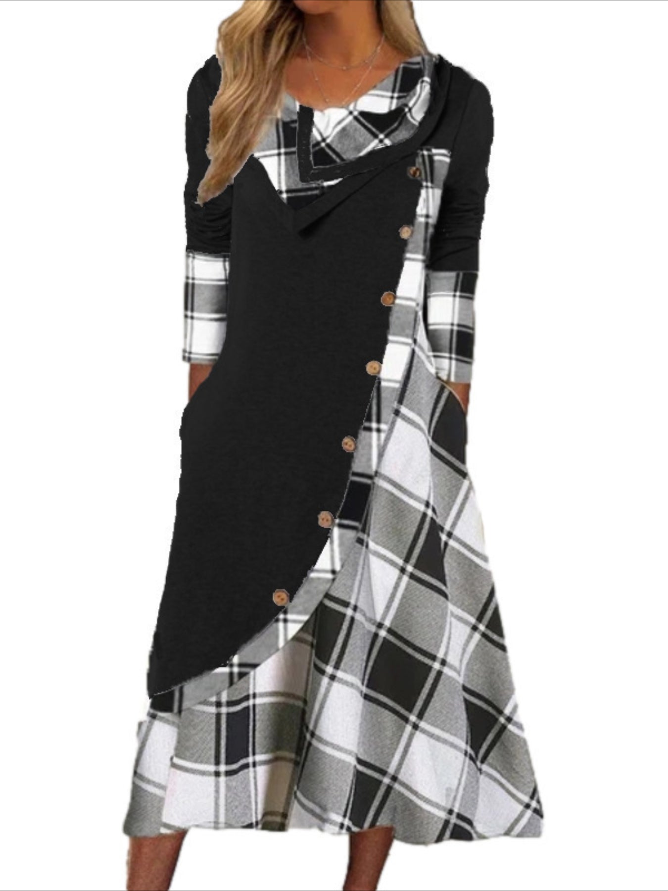 Plaid Print Splicing Dress, Casual Pile Collar Long Sleeve Dress