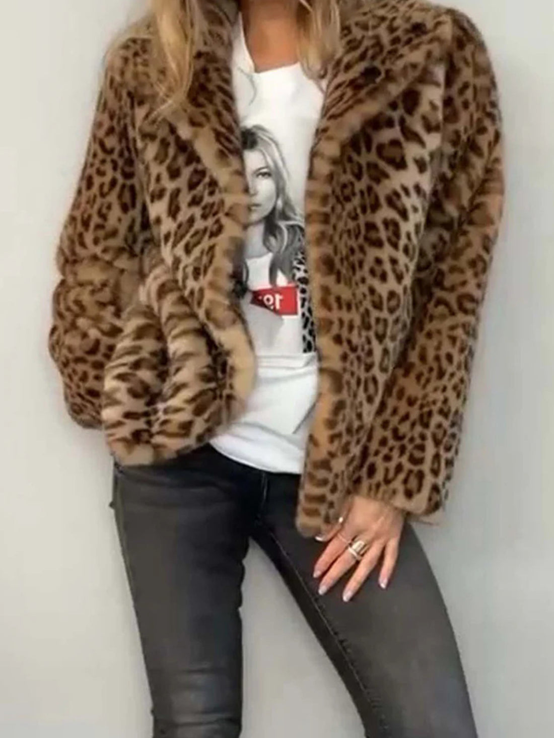 Full Size Leopard Furry Collared Neck Long Sleeve Coat