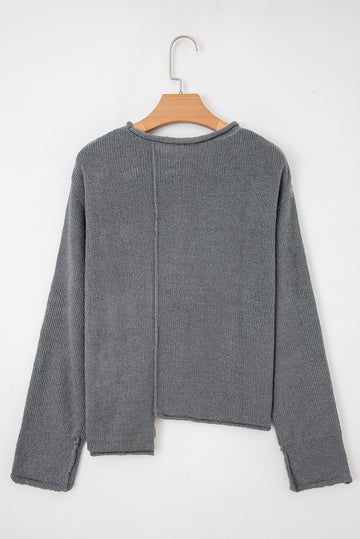 Medium Grey Raw Edge Uneven Hem Patchwork Drop Shoulder Sweater