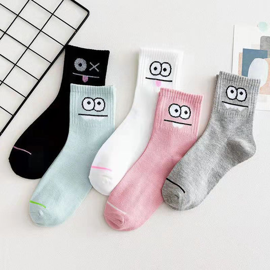 5 Pairs Cute Expression Print Socks, Comfy & Funny All-match Mid Tube Socks