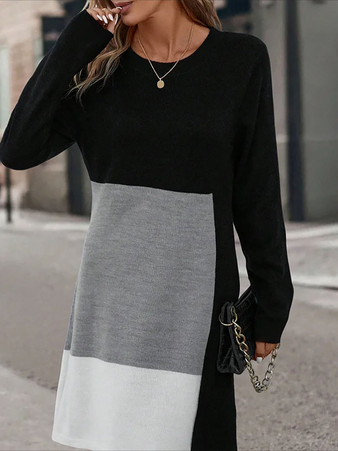 Colorblock Chic Dress - Flattering Casual Style with Long Sleeves and Medium Stretch, Soft Round Neck Mini Dress