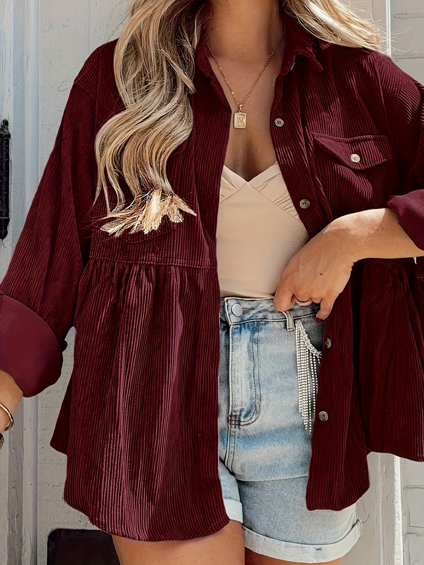 Corduroy Lapel Pocket Jacket, Casual Long Sleeve Button Down Fashion Single Breasted Loose Outerwear