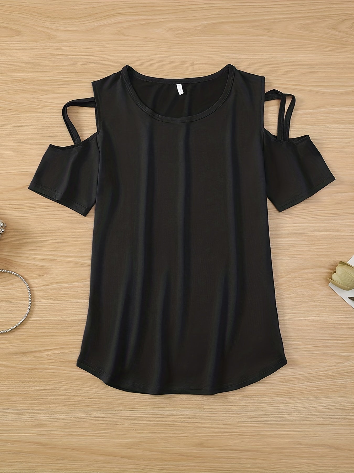 Solid Cold Shoulder T-shirt, Casual Crew Neck Short Sleeve T-shirt