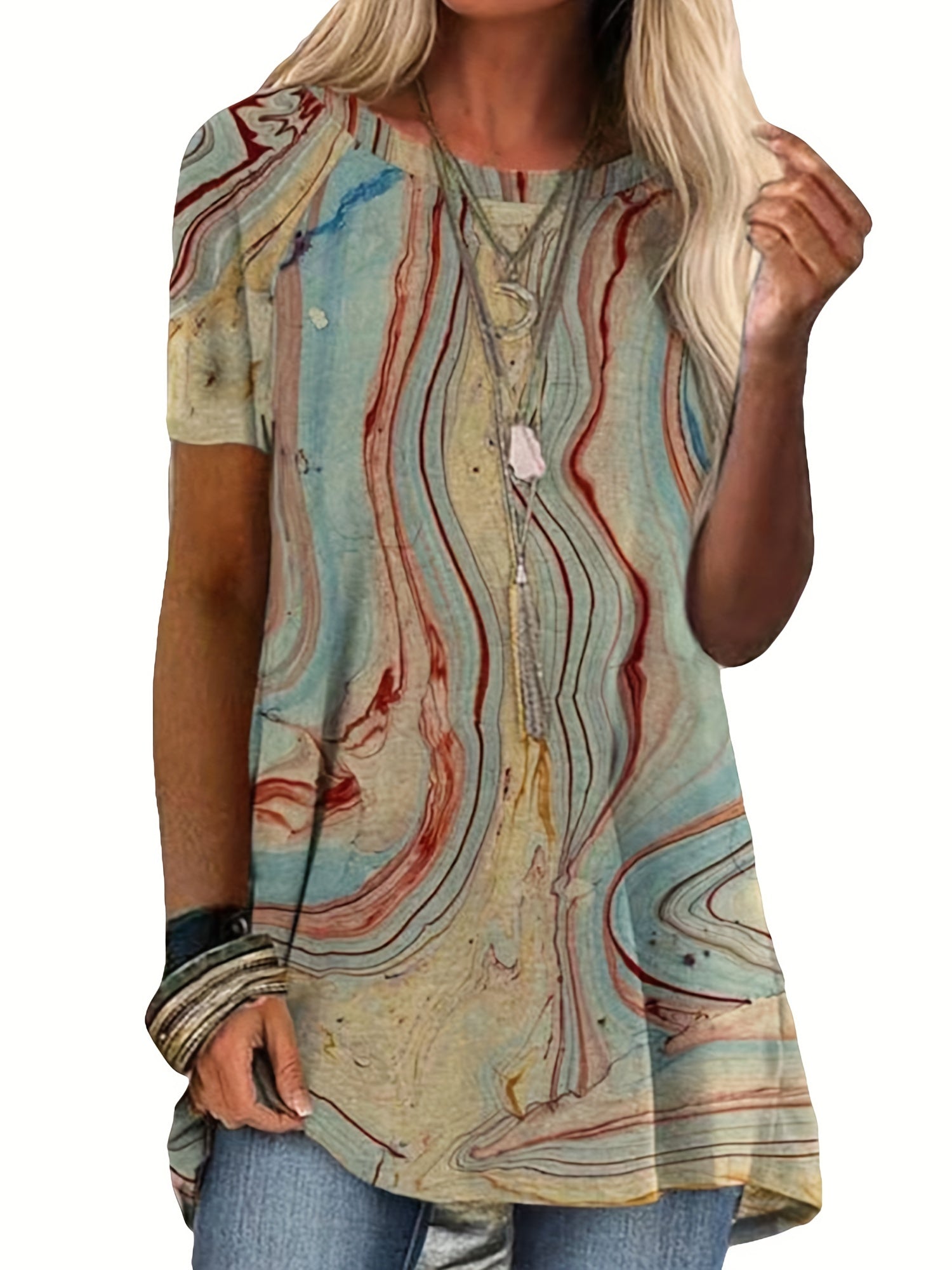 Marble Print Crew Neck T-shirt, Casual Short Sleeve Summer Mid Length T-shirt